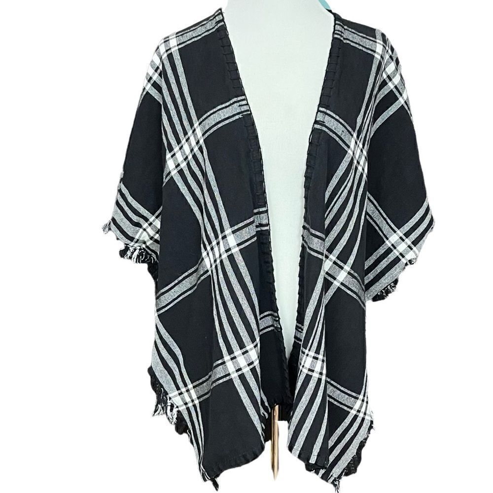 Rory Beca Fringe Poncho 100% Cotton Black and White Window Pane Plaid One Size